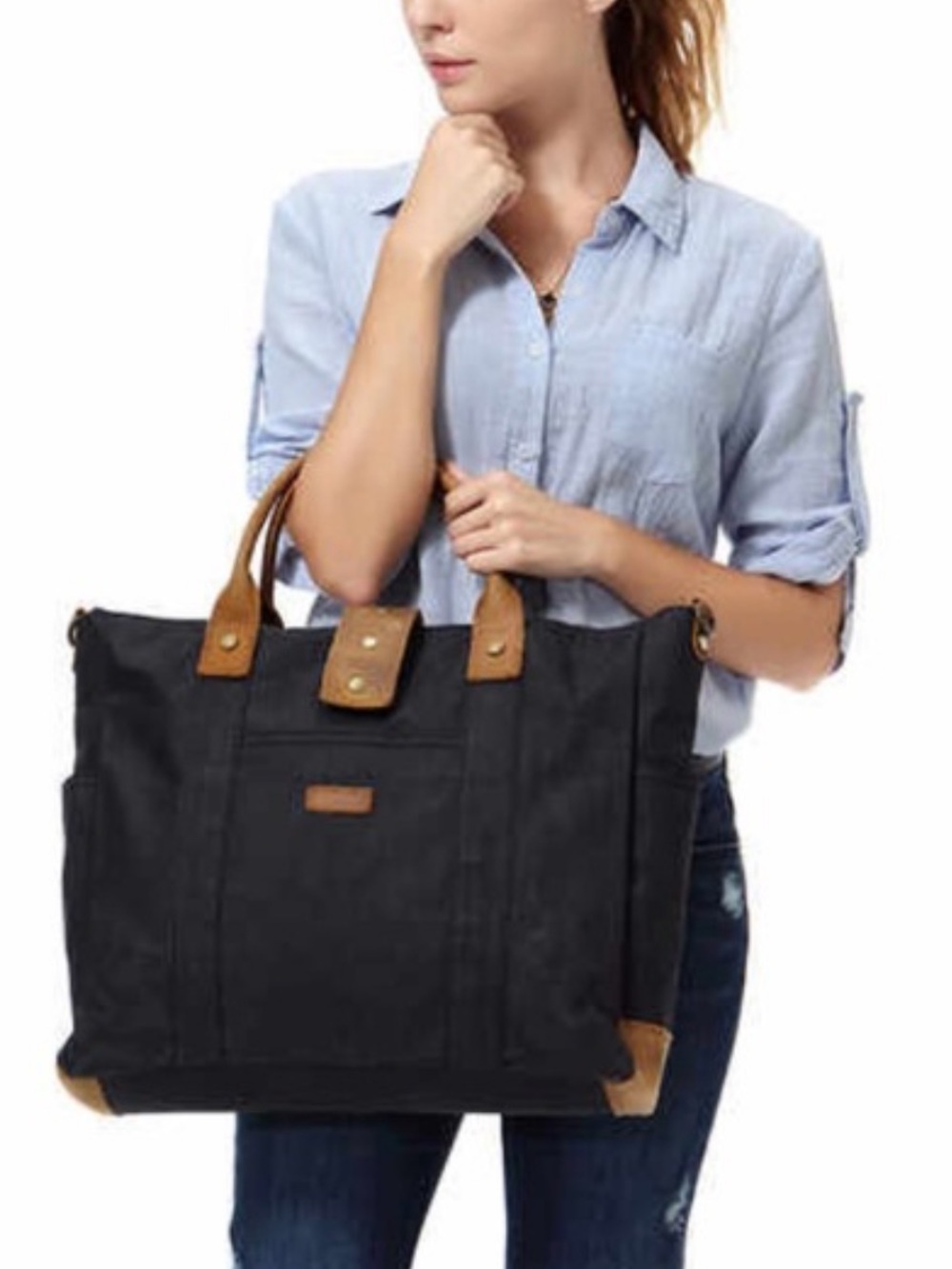 VASCHY Waxed Canvas Leather High Capacity Laptop Crossbody Bag Black Brown Tote